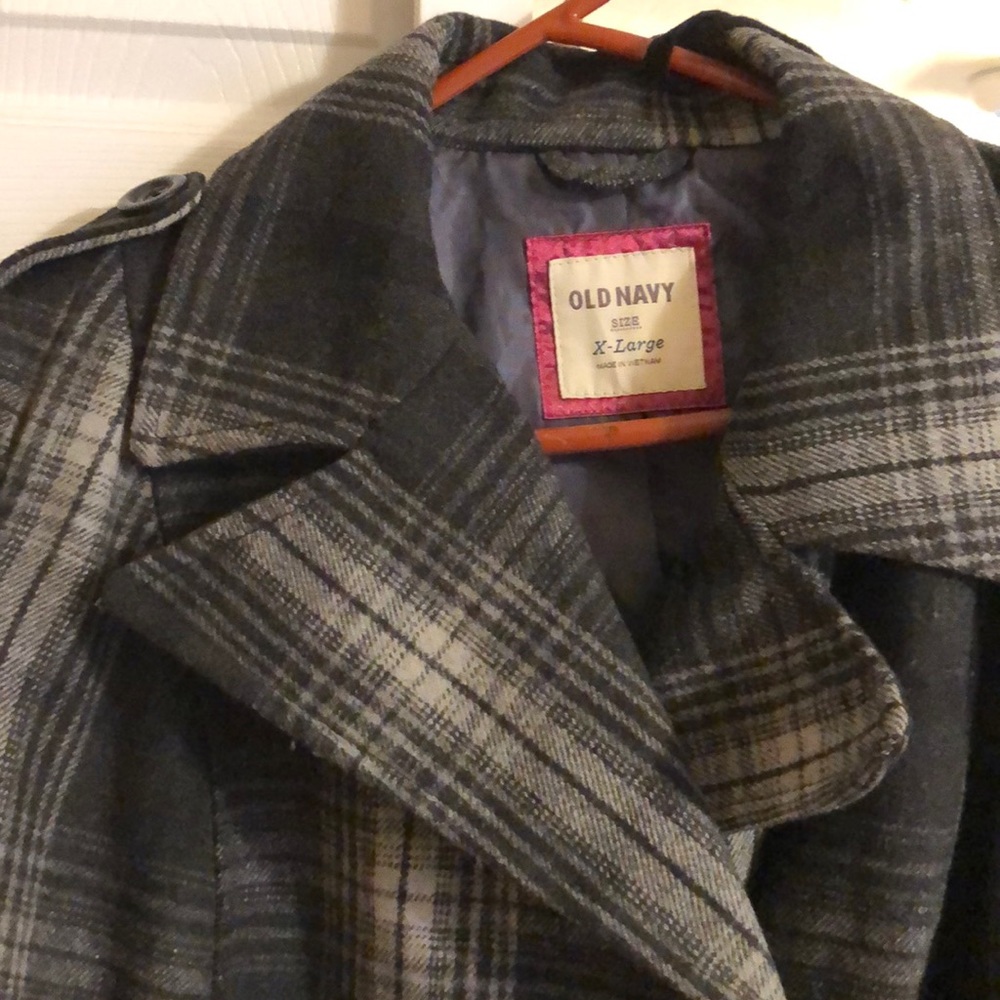 NEW gray / white plaid button up pea coat - Picture 2 of 7